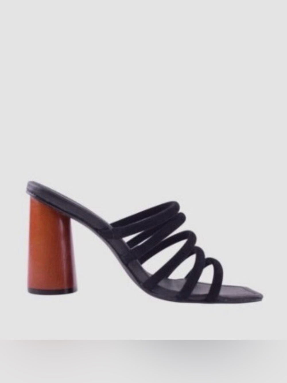 Wooden Heel Black Suede Strappy High Heel Mule Sandals